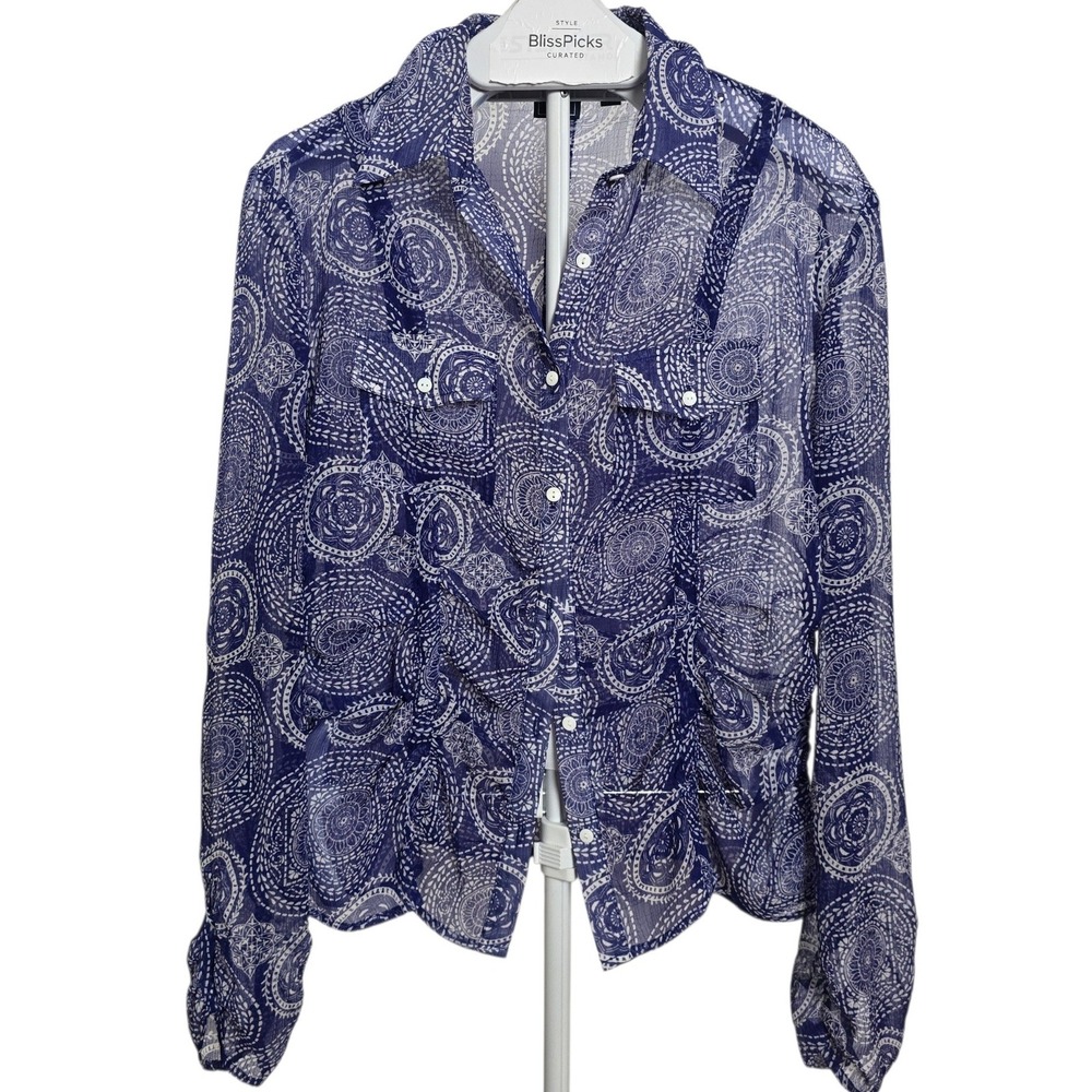 Cruel Girl Blue Paisley Mandala Sheer Gauze Blouse L Western Boho Cowgirl - Picture 1 of 7